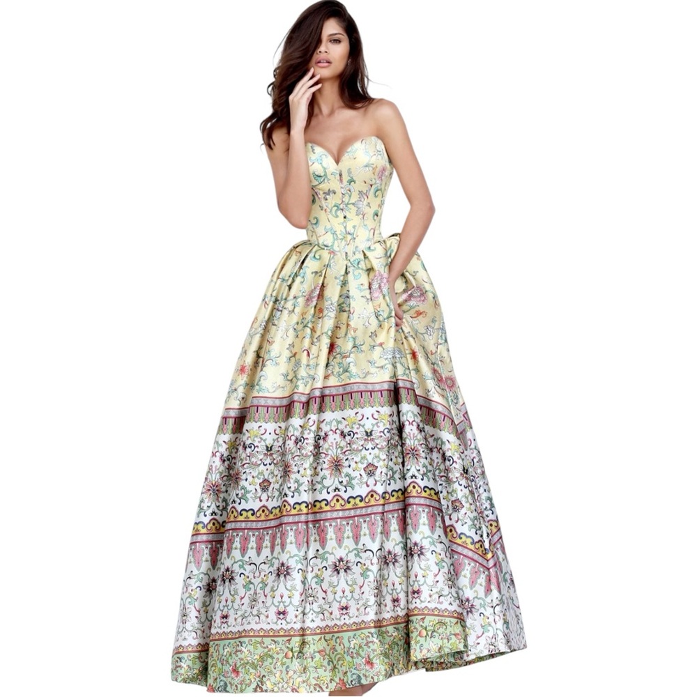 Sherri Hill Strapless Sweetheart Corset Print Ballgown